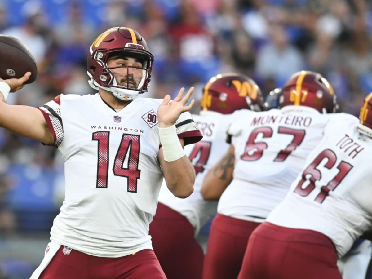 Andrew Wylie of the Washington Commanders lines up against the News  Photo - Getty Images