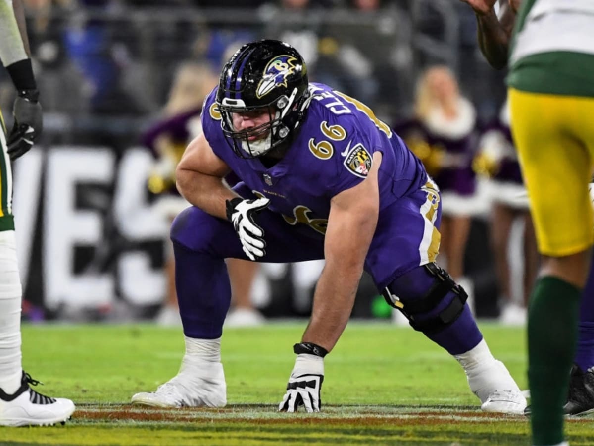 Baltimore Ravens guard Ben Cleveland (66) in action during the second half  of an NFL football game against the Green Bay Packers, Sunday, Dec. 19,  2021, in Baltimore. (AP Photo/Terrance Williams Stock