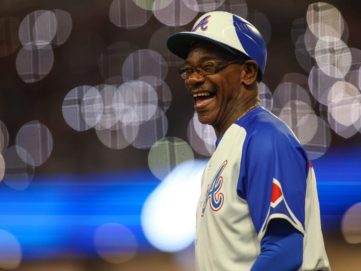 ATLANTA, GA - MAY 11: Coach Ron Washington during the National Anthem  during the Tuesday night MLB game between the Toronto Blue Jays and the  Atlanta Braves on May 11, 2021 at