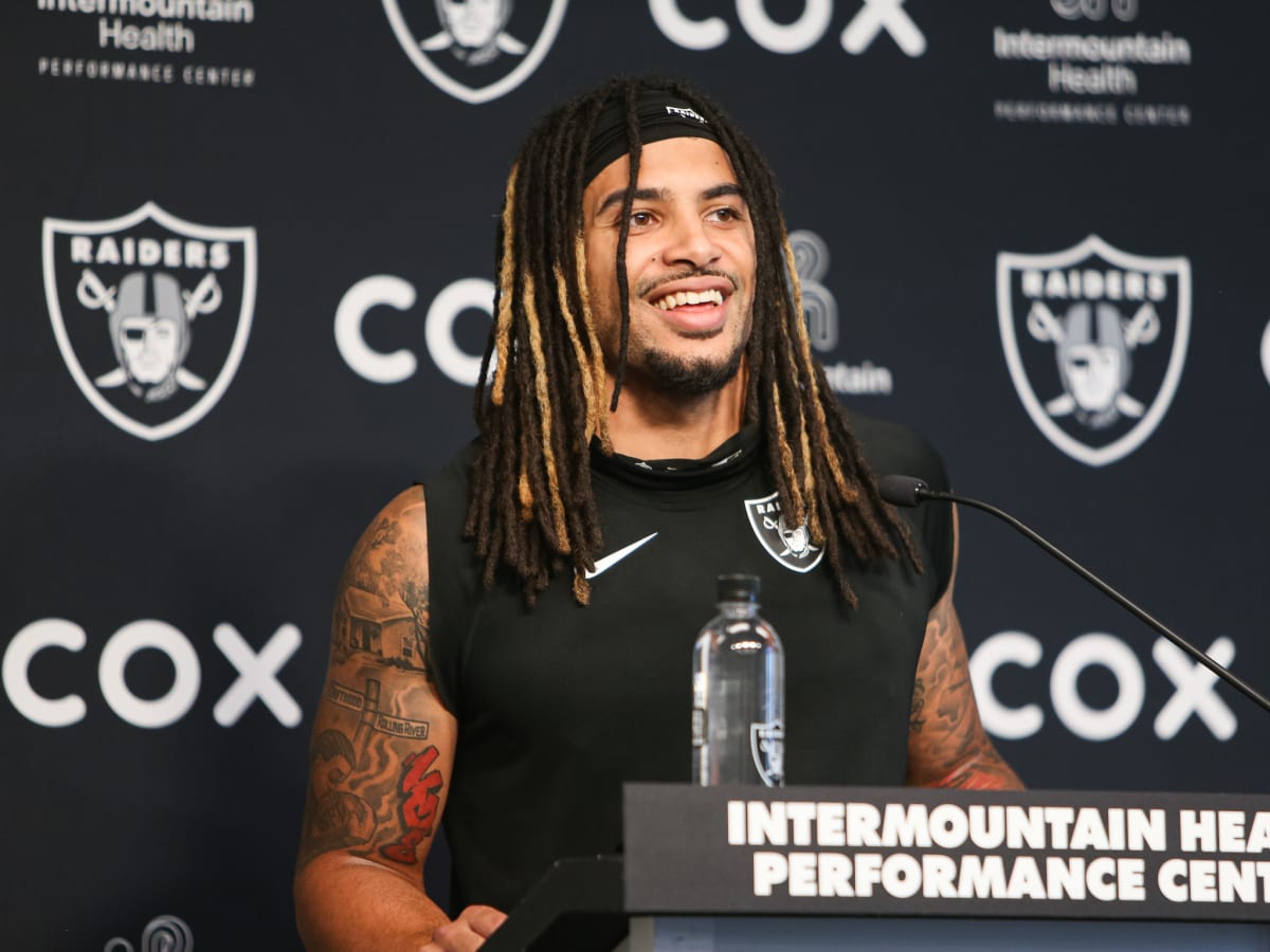 Trevon Moehrig of the Las Vegas Raiders celebrates after making an