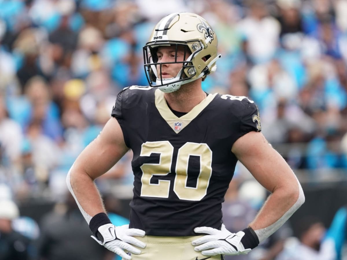 New Orleans Saints linebacker Pete Werner (20) reacts after a defensive  stop in the first half of an NFL football game against the Kansas City  Chiefs in New Orleans, Sunday, Aug. 13