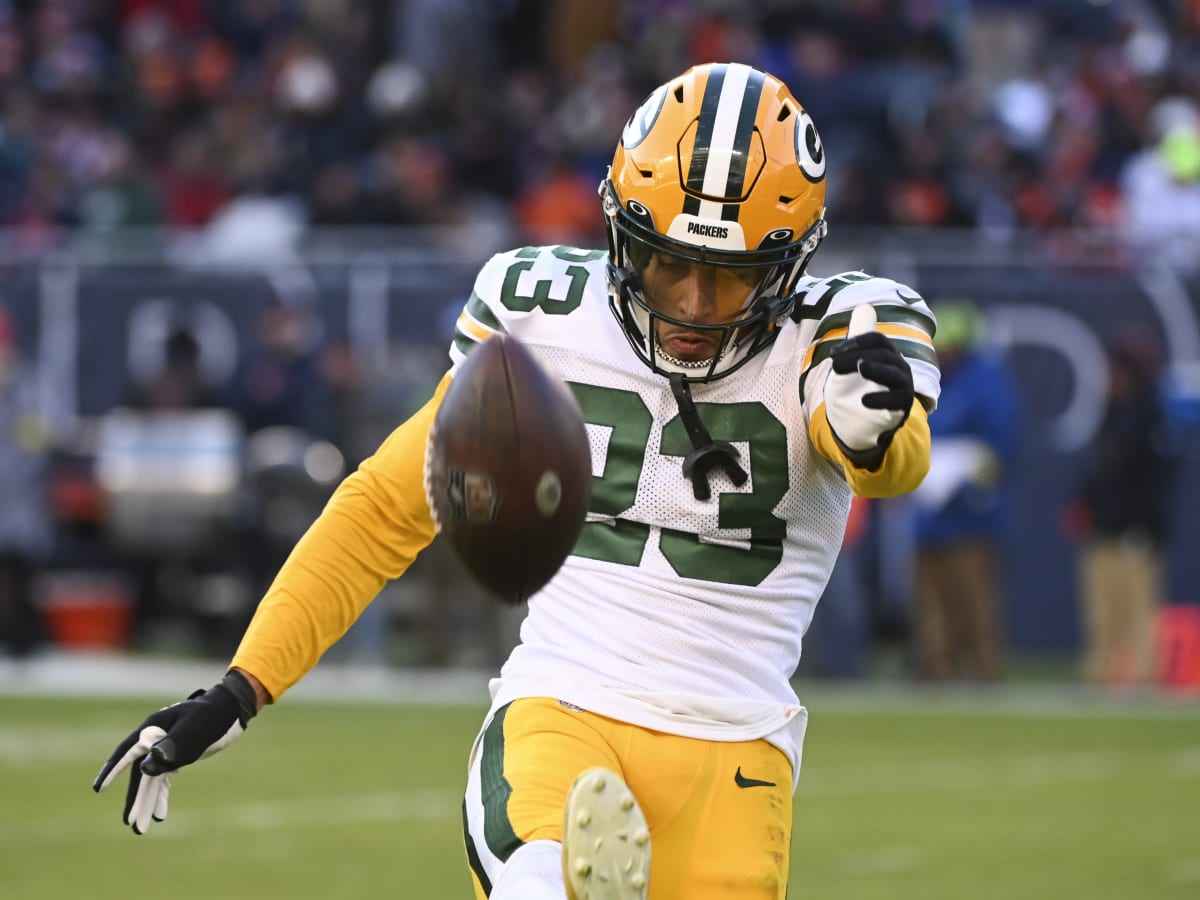 ASHWAUBENON, WI - AUGUST 05: Green Bay Packers cornerback Jaire Alexander  (23) reacts to his catch during Green Bay Packers Family Night at Lambeau  Field, on August 5, 2022 in Green Bay