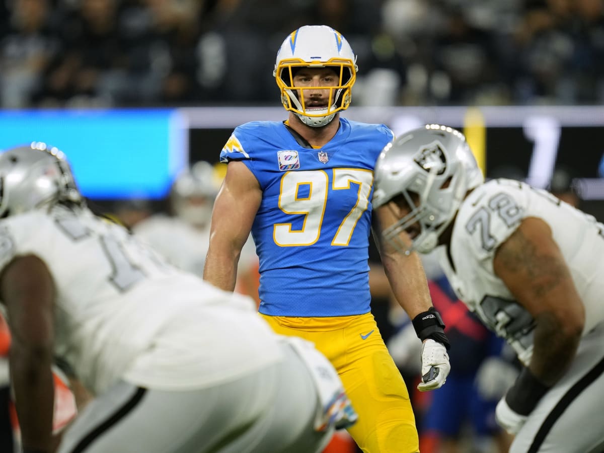 September 12, 2021: Los Angeles Chargers defensive end Joey Bosa (97)  stretches before the NFL regular season game between the Los Angeles  Chargers and the Washington Football Team at FedEx Field in