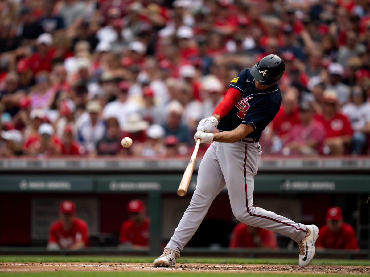 April 09, 2022: Atlanta Braves first baseman Matt Olson rounds second base  during the third inning of a MLB game against the Cincinnati Reds at Truist  Park in Atlanta, GA. Austin McAfee/CSM/Sipa