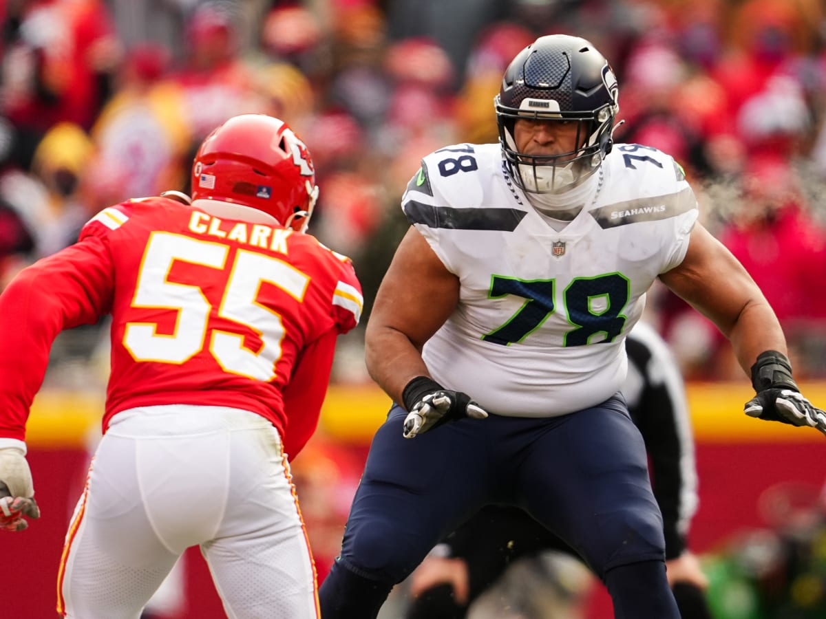 Seattle Seahawks offensive lineman Stone Forsythe is pictured during an NFL  football game against the San Francisco 49ers, Sunday, Dec. 5, 2021, in  Seattle. The Seahawks won 30-23. (AP Photo/Stephen Brashear Stock