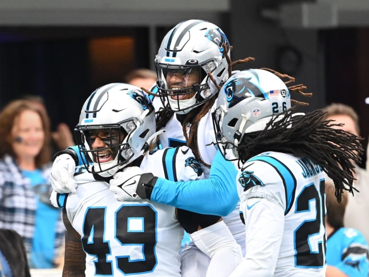 Carolina Panthers linebacker Shaq Thompson (7) reacts after making a play  on defense during an NFL football game against the Atlanta Falcons,  Thursday, Nov. 10 2022, in Charlotte, N.C. (AP Photo/Brian Westerholt