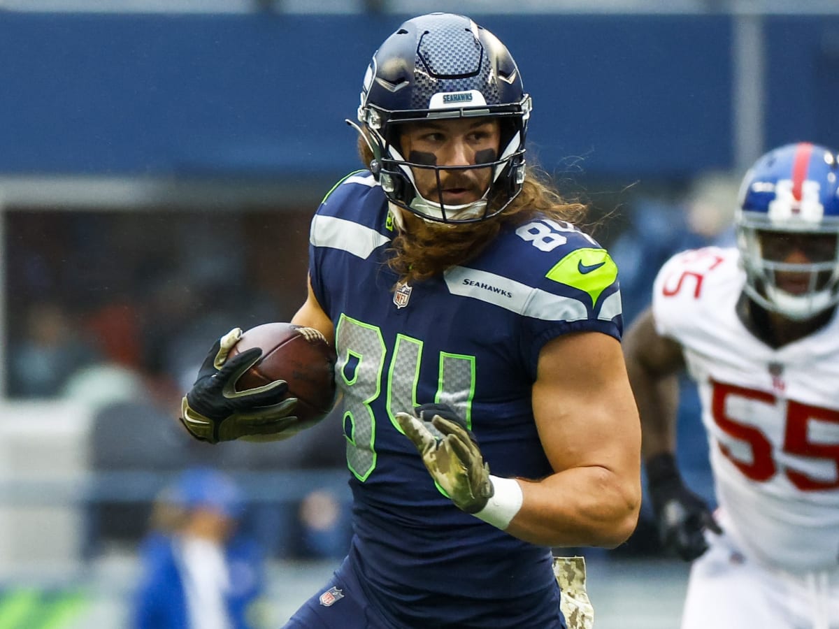 Seattle Seahawks tight end Colby Parkinson (84) walks off the field during  an NFL football game against the Las Vegas Raiders, Sunday, Nov. 27, 2022,  in Seattle, WA. The Raiders defeated the