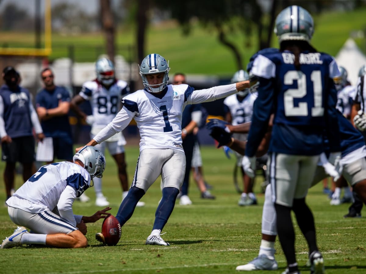 Dallas Cowboys place-kicker Brandon Aubrey (1) prepares to kick the ball  during an NFL Football game in Arlington, Texas, Saturday, August 12, 2023.  (AP Photo/Michael Ainsworth Stock Photo - Alamy