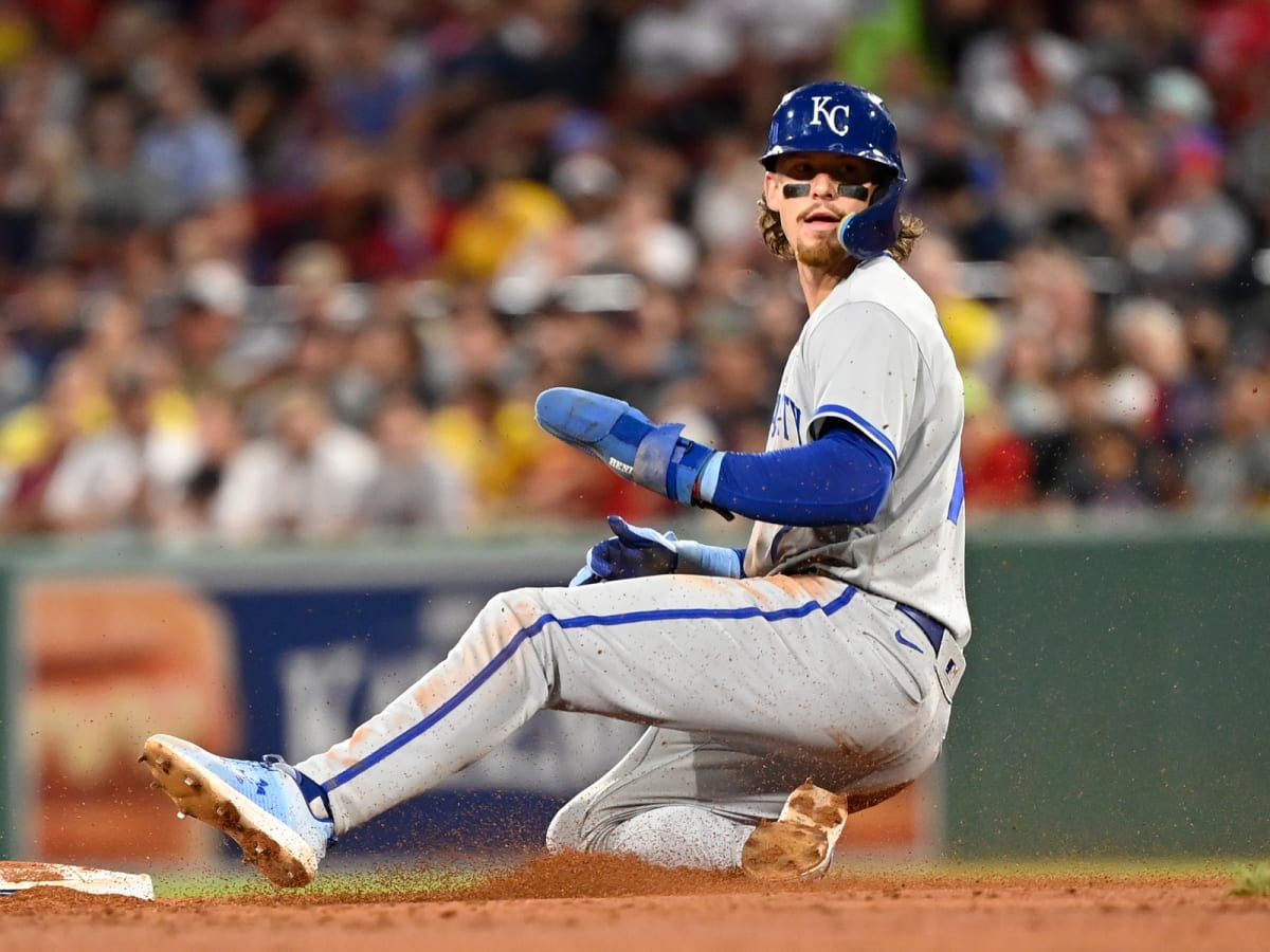 Bobby Witt Jr. #7 of the Kansas City Royals celebrates a double in