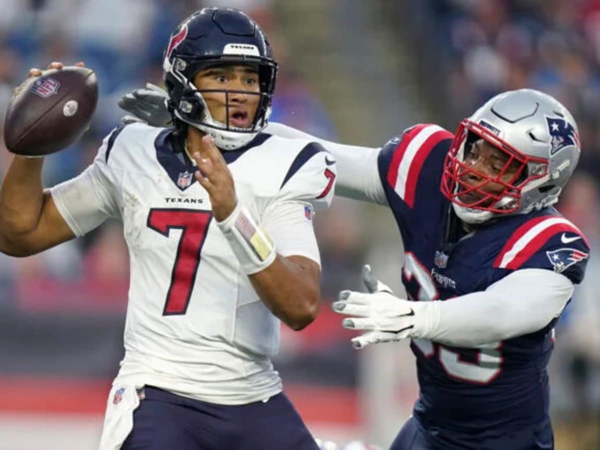 New England Patriots' Keion White during an NFL preseason football game  against the Houston Texans at Gillette Stadium, Thursday, Aug. 10, 2023 in  Foxborough, Mass. (Winslow Townson/AP Images for Panini Stock Photo 