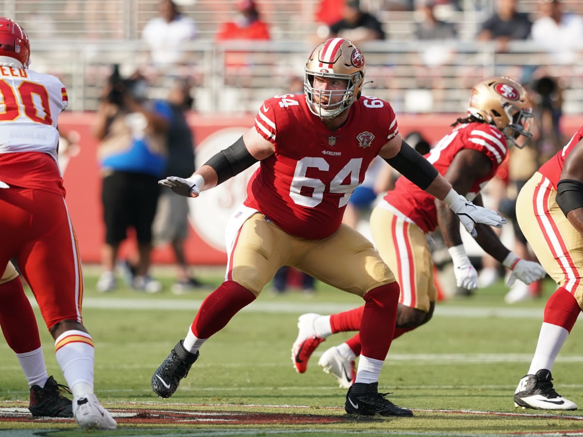 San Francisco 49ers center Jake Brendel (64) takes part in drills during  the NFL team's football training camp in Santa Clara, Calif., Tuesday, Aug.  1, 2023. (AP Photo/Jeff Chiu Stock Photo - Alamy