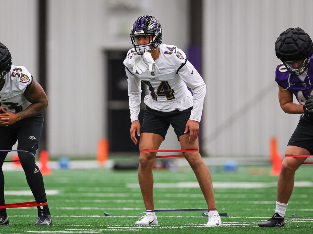 Baltimore Ravens punter Jordan Stout works out during mandatory