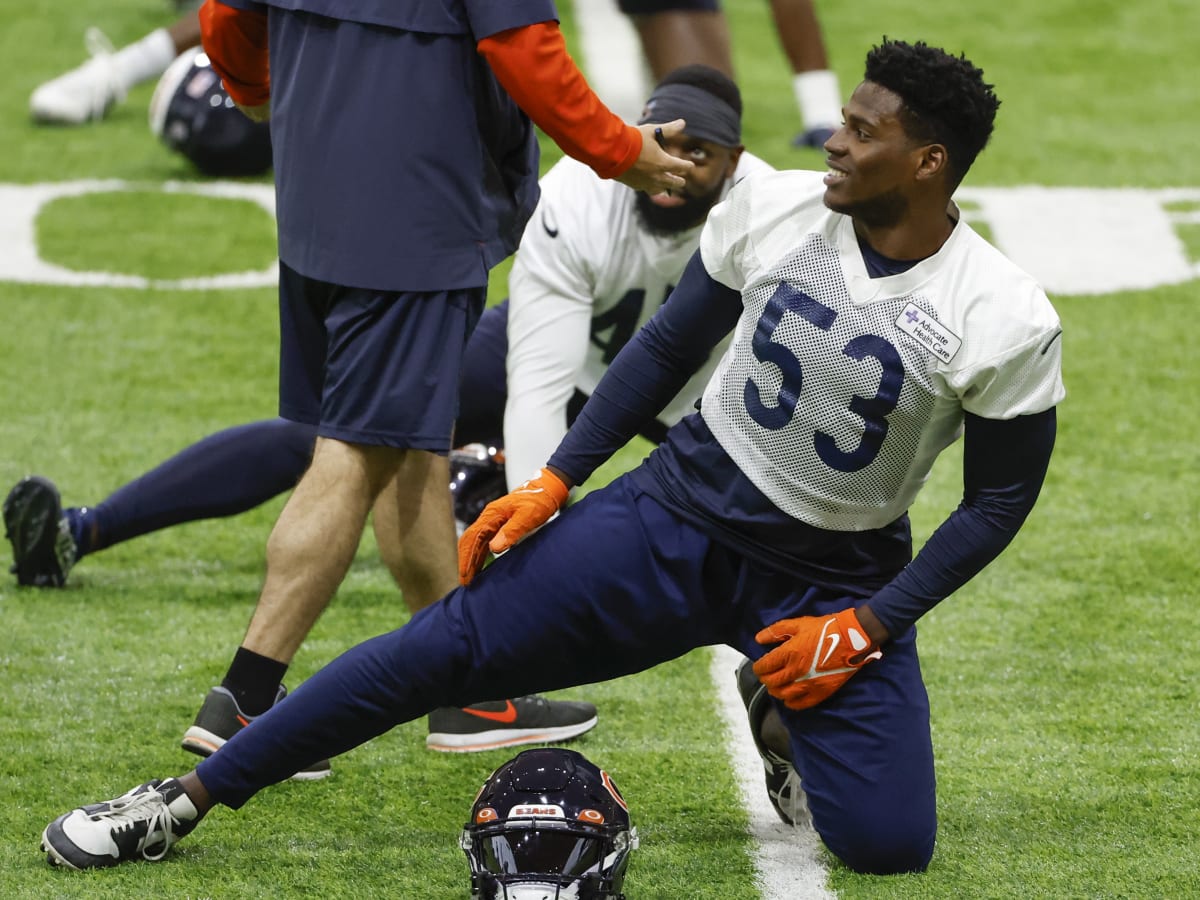 Chicago Bears linebacker Nicholas Morrow (53) runs off the field after an  NFL football game against the New York Giants on Sunday, Oct. 2, 2022, in  East Rutherford, N.J. (AP Photo/Adam Hunger