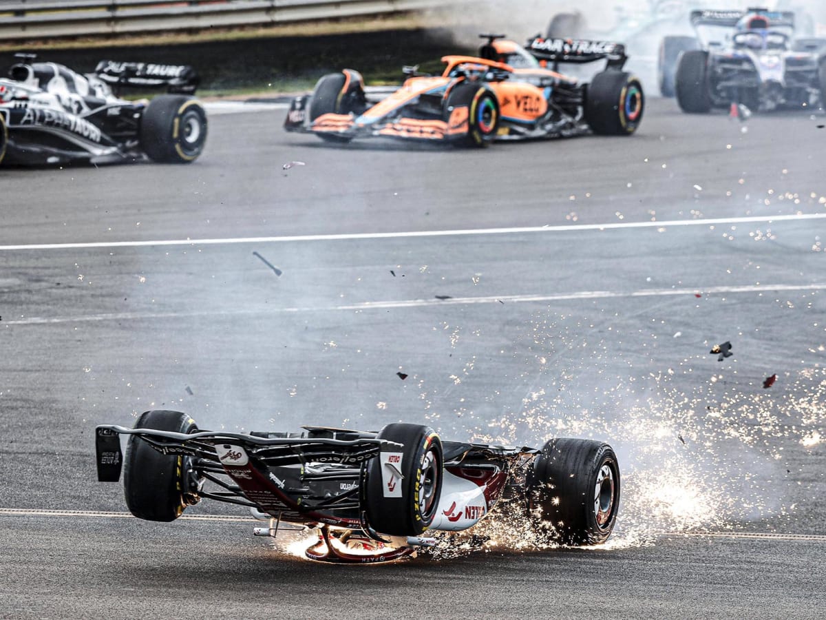 F1 British GP Red Flagged as Zhou Guanyus Car Goes Upside Down