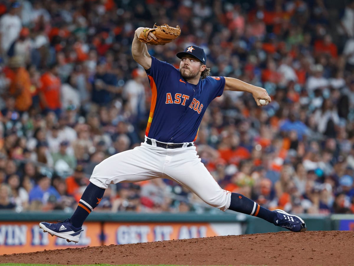 Houston Astros relief pitcher Parker Mushinski looks in at the