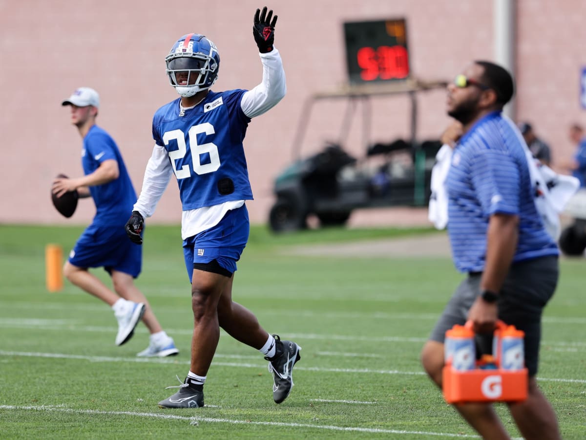 FILE - New York Giants running back Saquon Barkley (26) participates in  training camp at the NFL football team's practice facility, Friday, July  29, 2022, in East Rutherford, N.J. With the New