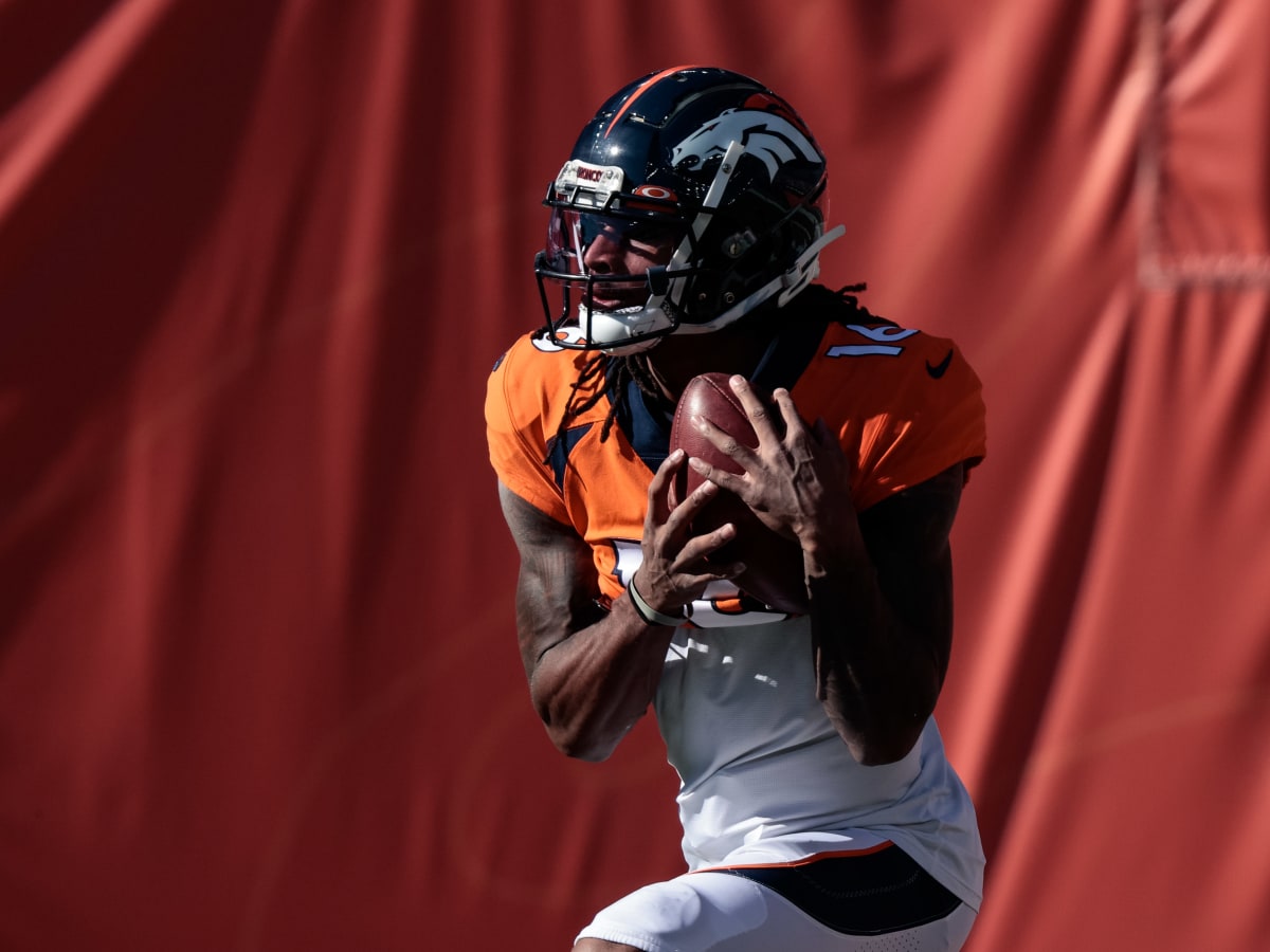 Denver Broncos wide receiver Tyrie Cleveland (16) plays against the  Tennessee Titans during the first half of an NFL football game Sunday, Nov.  13, 2022, in Nashville, Tenn. (AP Photo/Mark Zaleski Stock