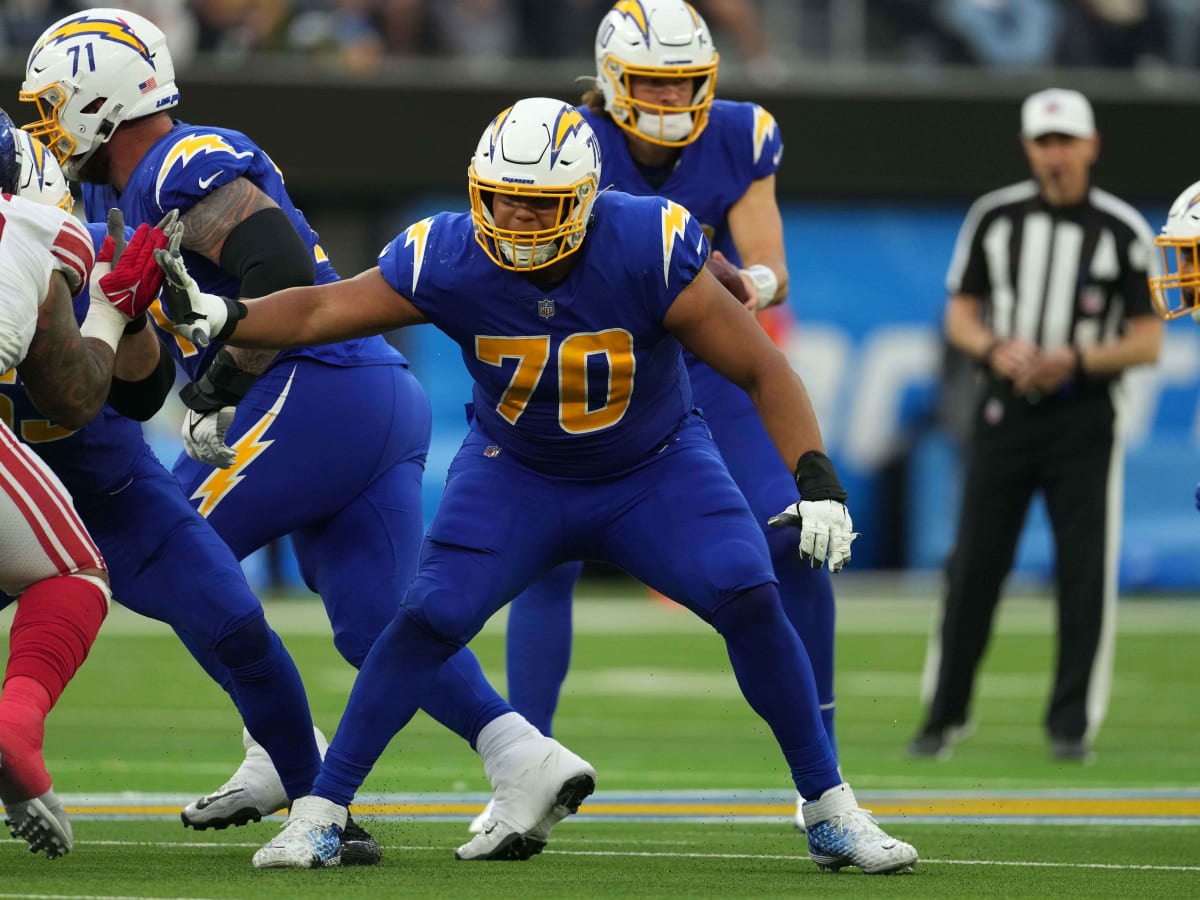 Tackle (70) Rashawn Slater of the Los Angeles Chargers blocks