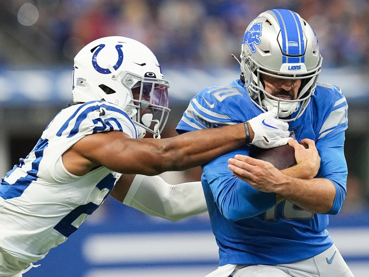 Indianapolis Colts cornerback Stephon Gilmore (5) and Indianapolis Colts  safety Nick Cross (20) talk on the field during an NFL football game  against the Tampa Bay Buccaneers, Saturday, Aug. 27, 2022, in