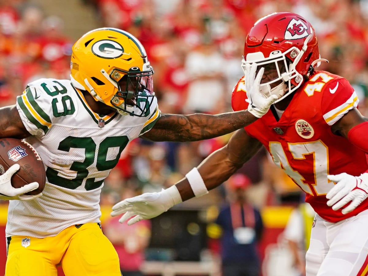 Green Bay Packers' Tyler Goodson runs during the first half of a preseason  NFL football game against the New Orleans Saints Friday, Aug. 19, 2022, in Green  Bay, Wis. (AP Photo/Morry Gash