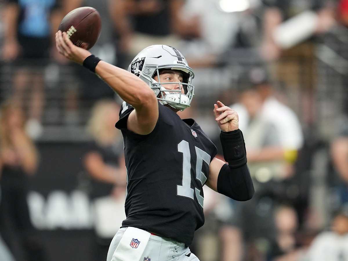 Las Vegas Raiders quarterback Chase Garbers #14 plays during a pre-season  NFL football game against the San Francisco 49ers Sunday, Aug. 13, 2023, in  Las Vegas. (AP Photo/Denis Poroy Stock Photo - Alamy