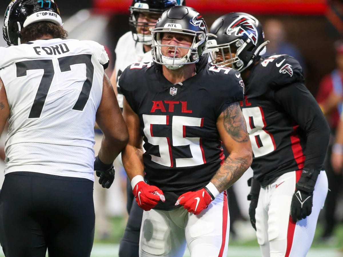 Atlanta Falcons linebacker Nathan Landman (55) lines up during the second  half of an NFL football game against the Jacksonville Jaguars, Saturday,  Aug. 27, 2022, in Atlanta. The Atlanta Falcons won 28-12. (