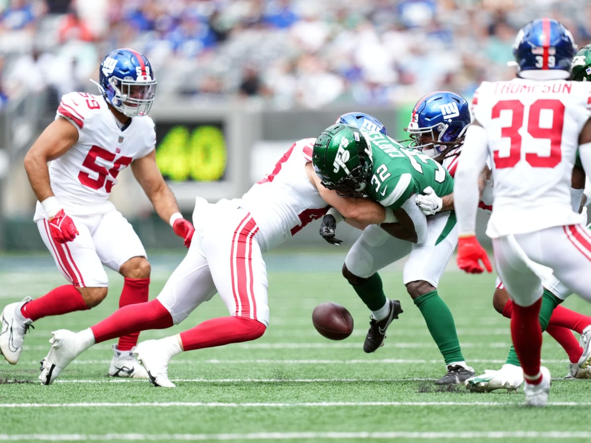 New York Giants safety Trenton Thompson (39) walks off the field after  their 31-27 loss to the New York Jets in an NFL pre-season football game,  Sunday, Aug. 27, 2022, in East