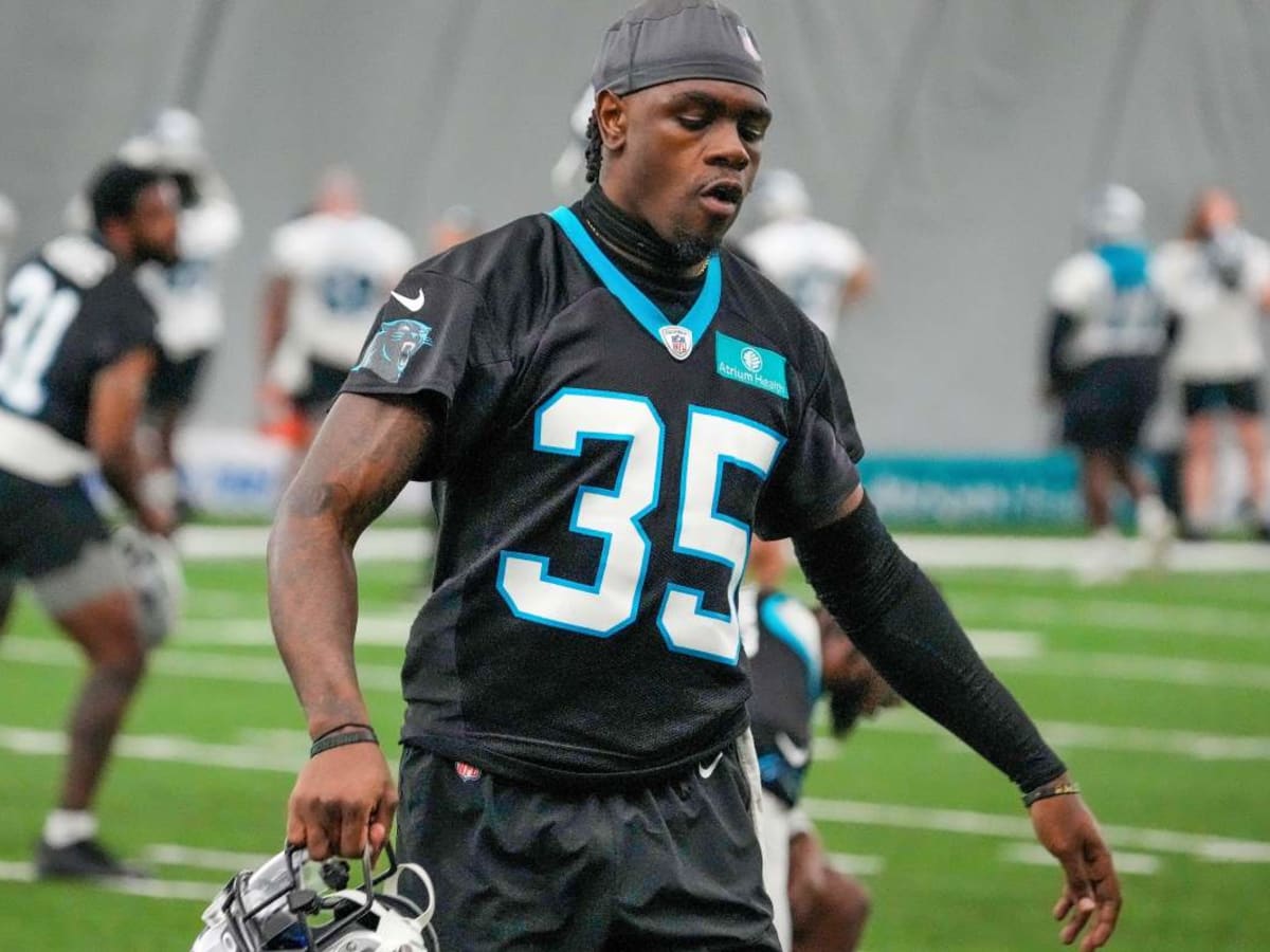 Carolina Panthers cornerback Kalon Barnes (35) signals to