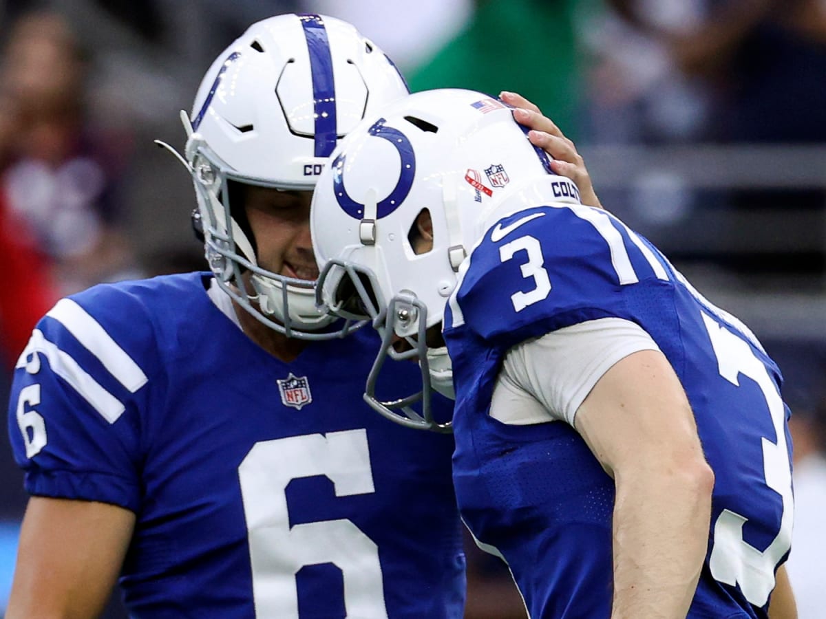 Indianapolis Colts kicker Rodrigo Blankenship (3) walks to position before  a kickoff against the Buffalo Bills during the first quarter of an NFL  wild-card playoff football game, Saturday, Jan. 9, 2021, in