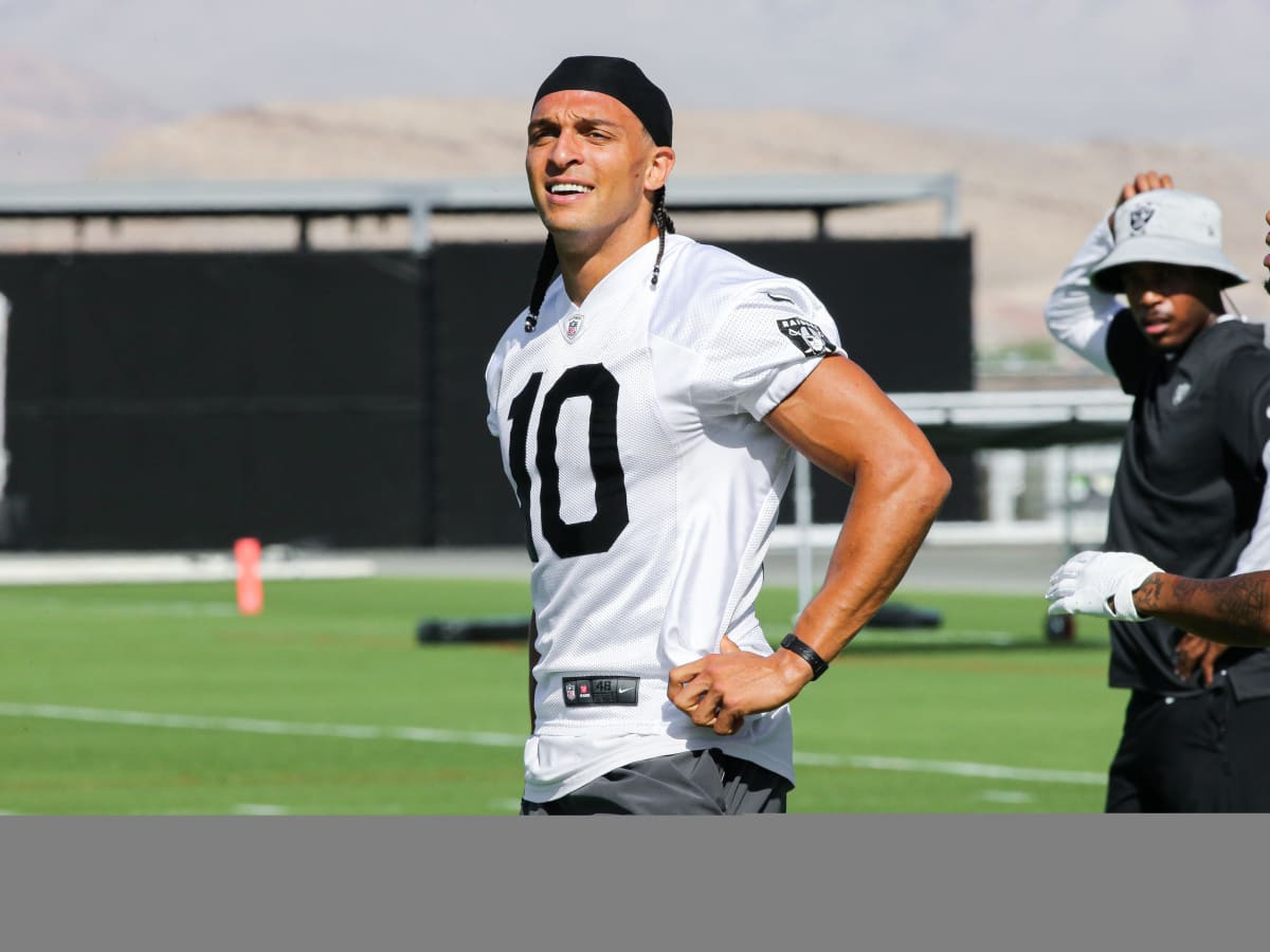 Mack Hollins of the Las Vegas Raiders celebrates after catching