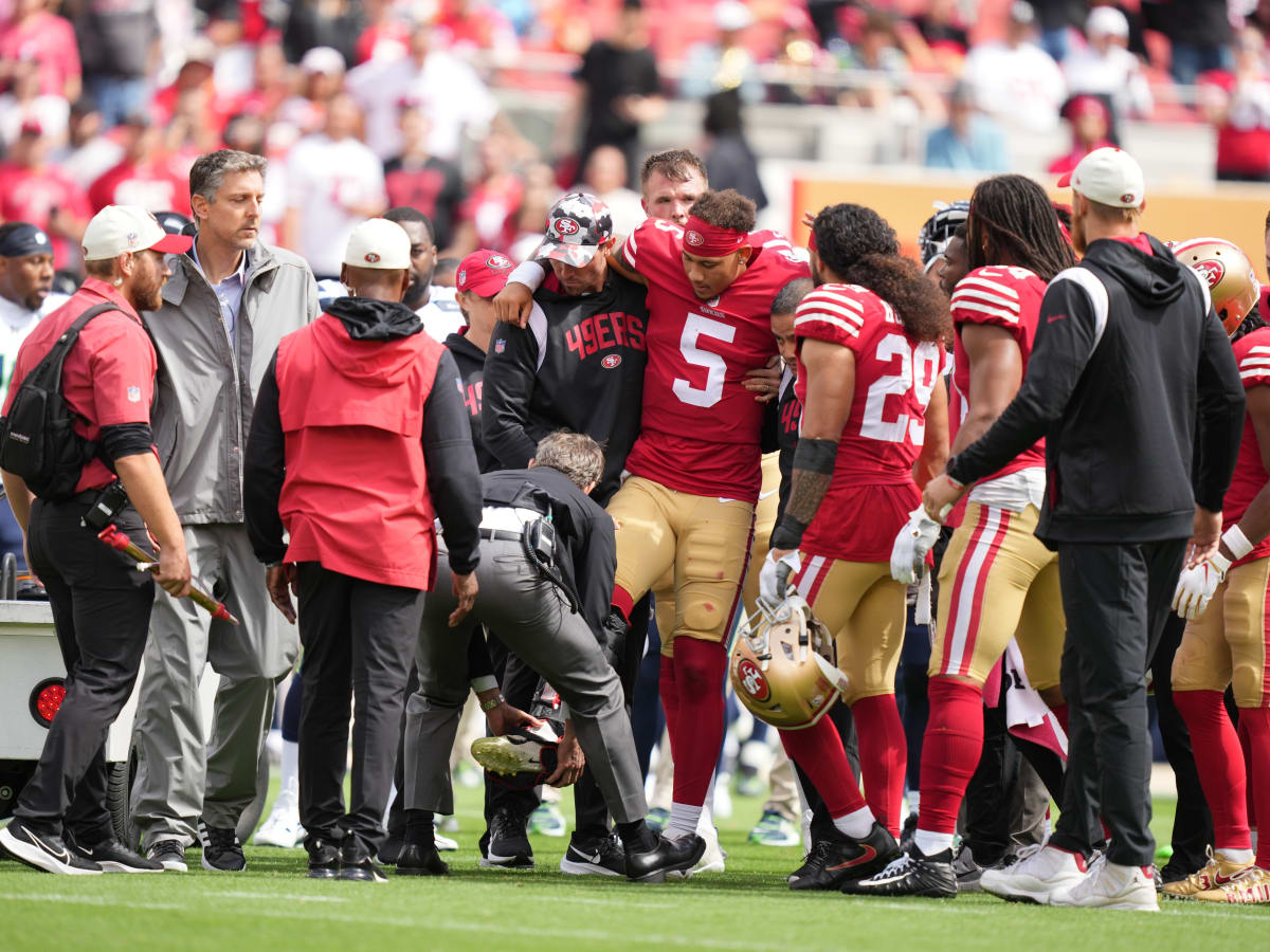 49ers QB Trey Lance taken off field on cart with ankle injury 