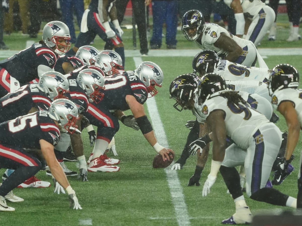 Baltimore Ravens center Trystan Colon (63) warms up prior to an NFL  football game between the Ravens and the New England Patriots, Sunday,  Sept. 25, 2022, in Foxborough, Mass. (AP Photo/Paul Connors