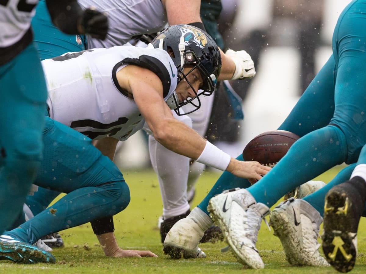 Jacksonville Jaguars safety Andre Cisco (5) returns an interception for a  touchdown against the Philadelphia Eagles during the first quarter of an  NFL football game, Sunday, Oct. 2, 2022, in Philadelphia. The