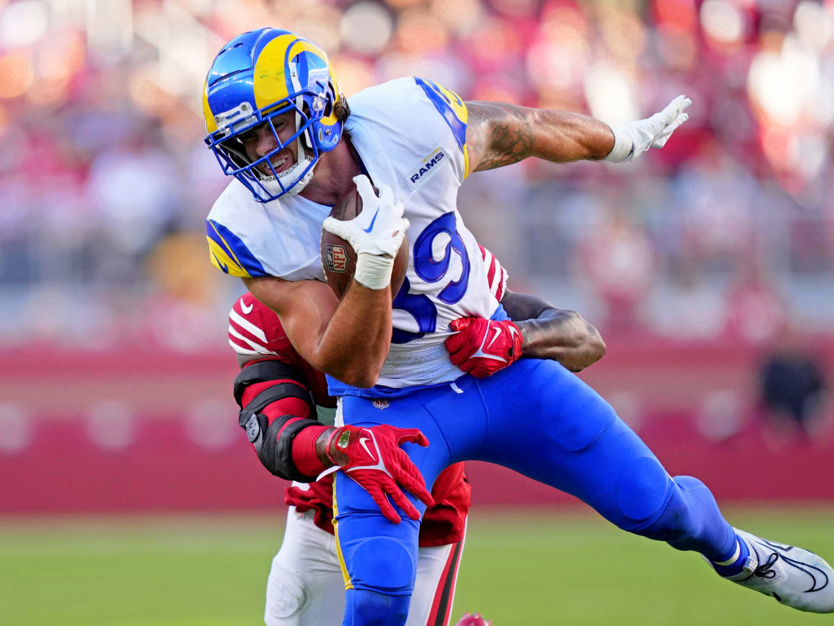 Tyler Higbee of the Los Angeles Rams celebrates a touchdown during