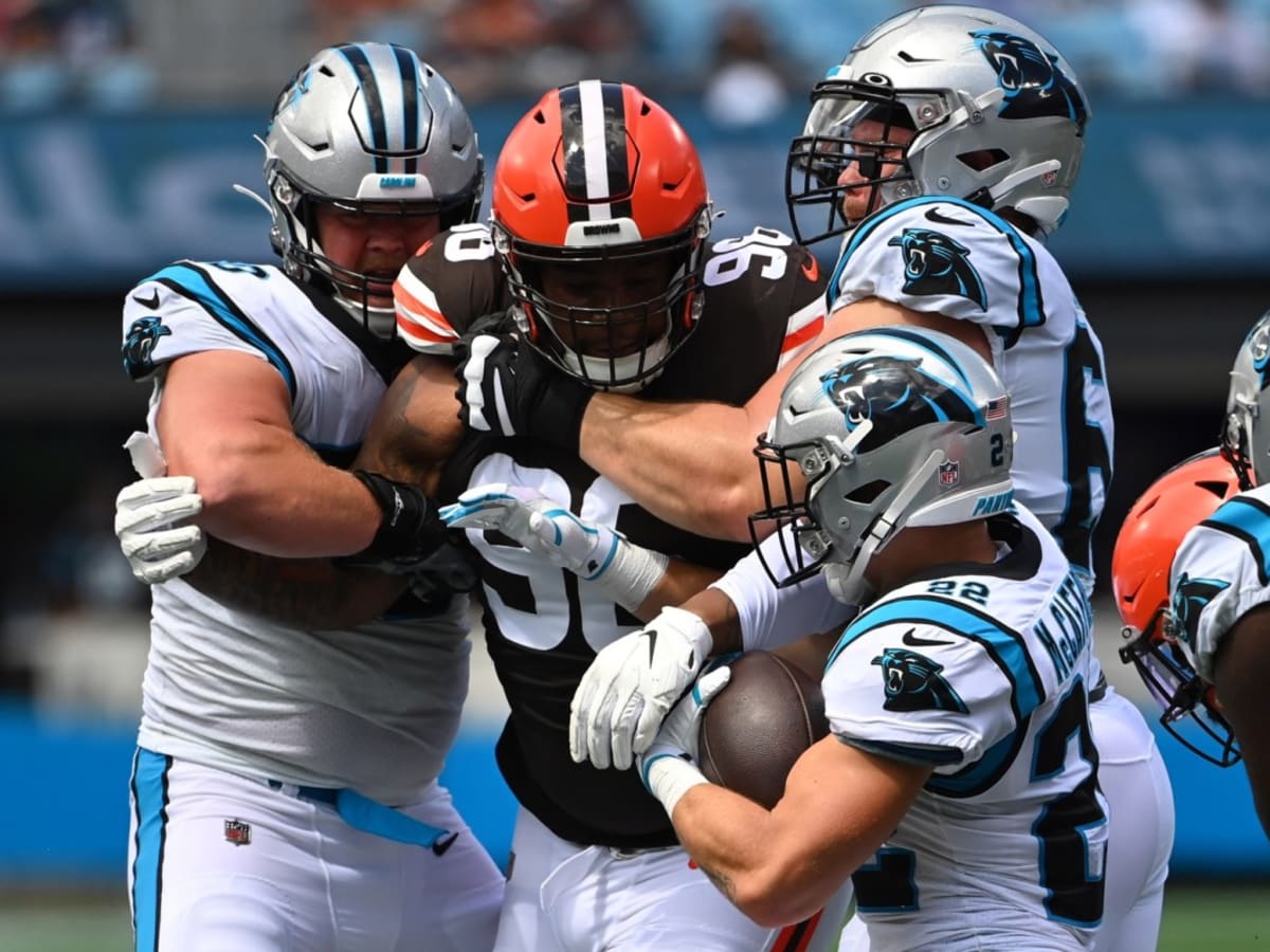 Cleveland Browns defensive tackle Perrion Winfrey (97) is congratulated by  defensive tackle Tommy Togiai (93) after recovering a fumble during an NFL  preseason football game against the Chicago Bears, Saturday Aug. 27