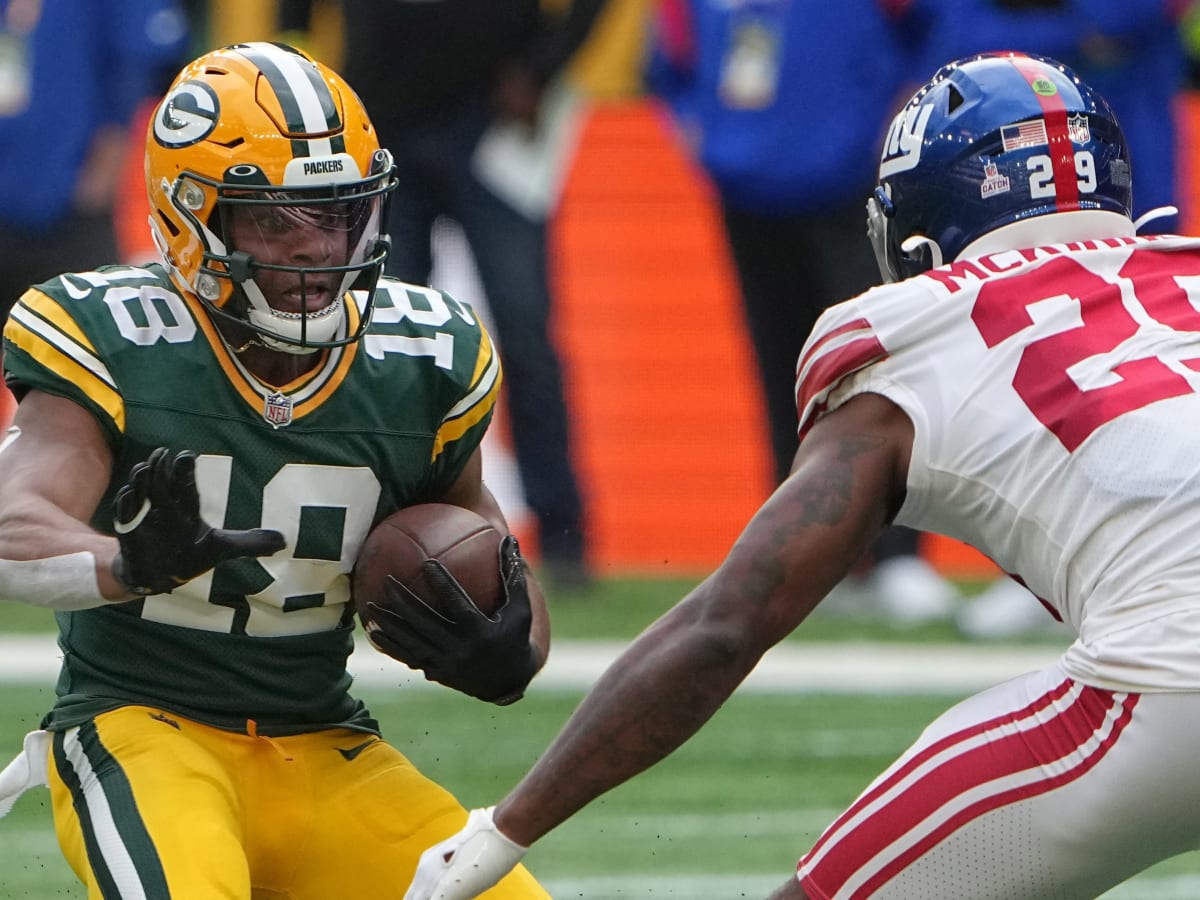 Green Bay Packers wide receiver Randall Cobb (18) reacts after making  yardage during the first quarter of an NFL game between the New York Giants  and the Green Bay Packers at the