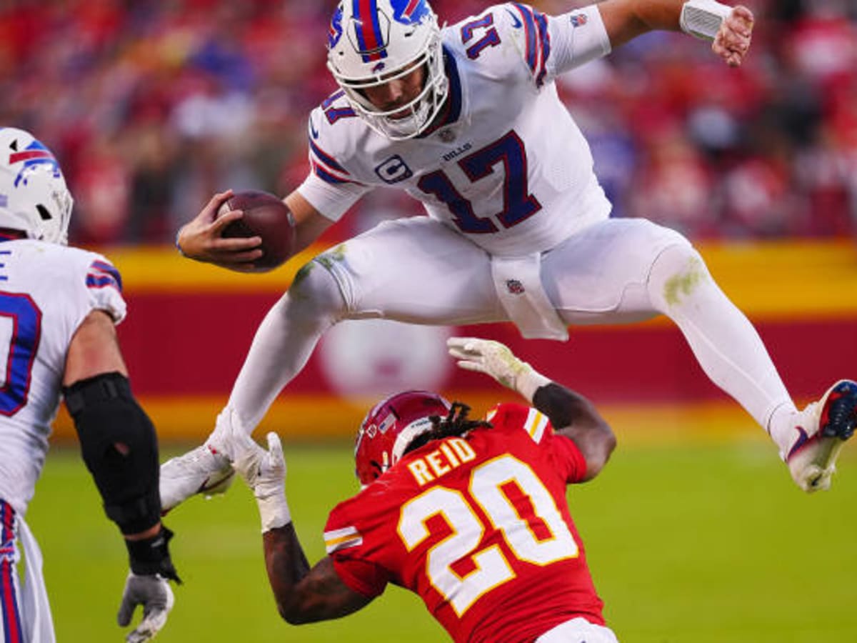 Buffalo Bills Quarterback Josh Allen Hurdles over Defenders During An AFC  match up 8x10 Action Photo Picture