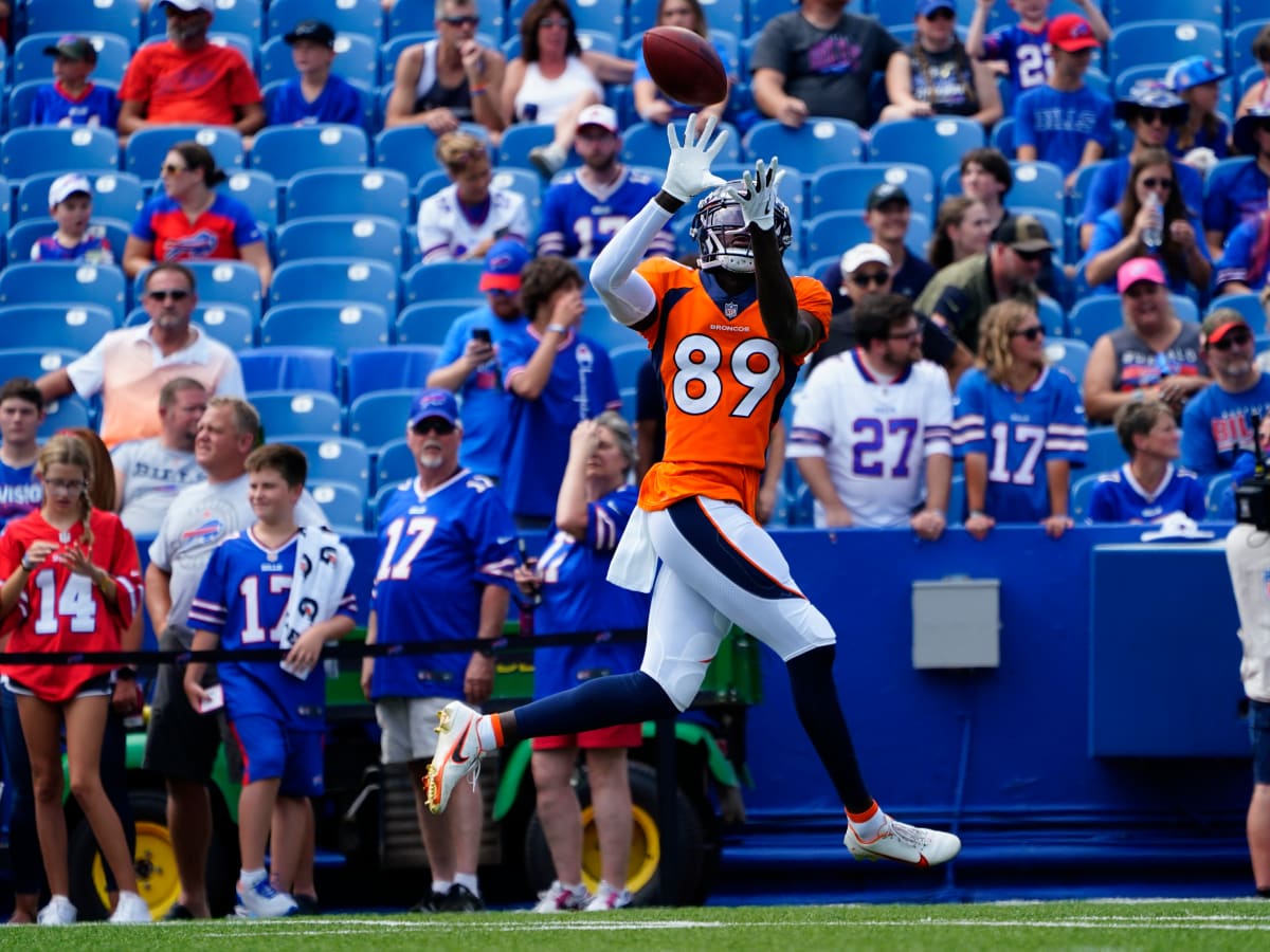 Denver Broncos wide receiver Brandon Johnson (89) is covered by Buffalo  Bills cornerback Kaiir Elam (24) during the first half of a preseason NFL  football game in Orchard Park, N.Y., Saturday, Aug.