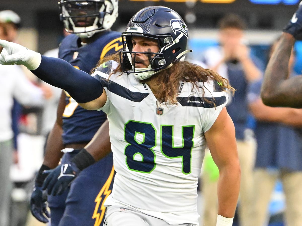 Seattle Seahawks tight end Colby Parkinson (84) stands on the field during  the first half of an NFL football game against the Los Angeles Rams,  Sunday, Jan. 8, 2023, in Seattle. (AP