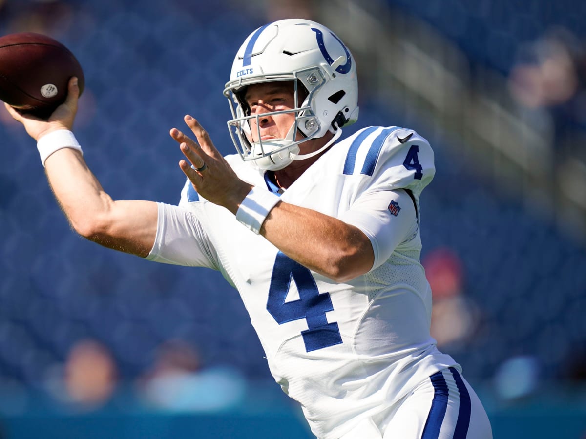 INDIANAPOLIS, IN - OCTOBER 30: Indianapolis Colts quarterback Sam Ehlinger  (4) warms up prior to an NFL game between the Washington Commanders and the Indianapolis  Colts on October 30, 2022 at Lucas