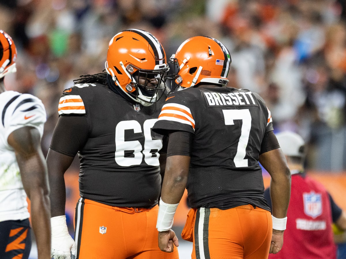 Cleveland Browns offensive tackle James Hudson III (66) lines up for a play  during an NFL football game against the Cincinnati Bengals, Sunday, Jan. 9,  2022, in Cleveland. (AP Photo/Kirk Irwin Stock