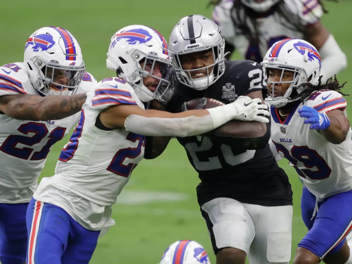 Josh Jacobs going in reverse in the Las Vegas Raiders' 38-10 loss to the  Buffalo Bills