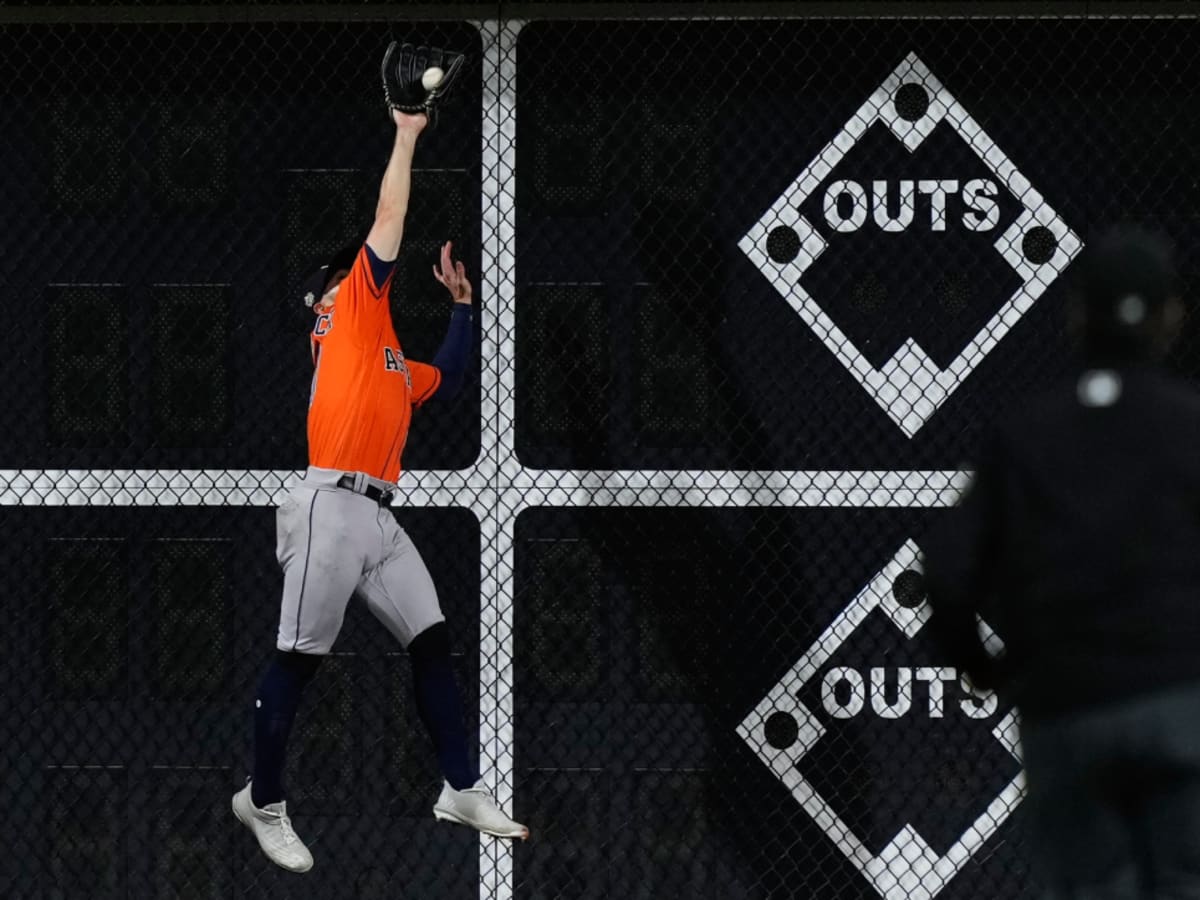 Houston Astros left fielder Chas McCormick catches a fly ball for an out  during the first inning of a baseball game against the Kansas City Royals,  Sunday, June 5, 2022 in Kansas