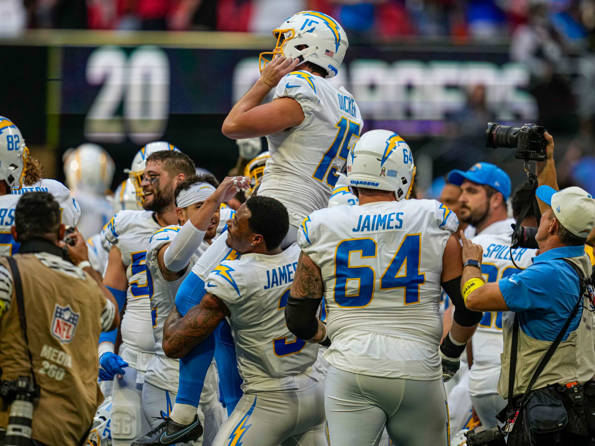 Los Angeles Chargers place kicker Cameron Dicker (11) makes a field goal as  time expires to send the game into overtime during the second half of an  NFL football game against the