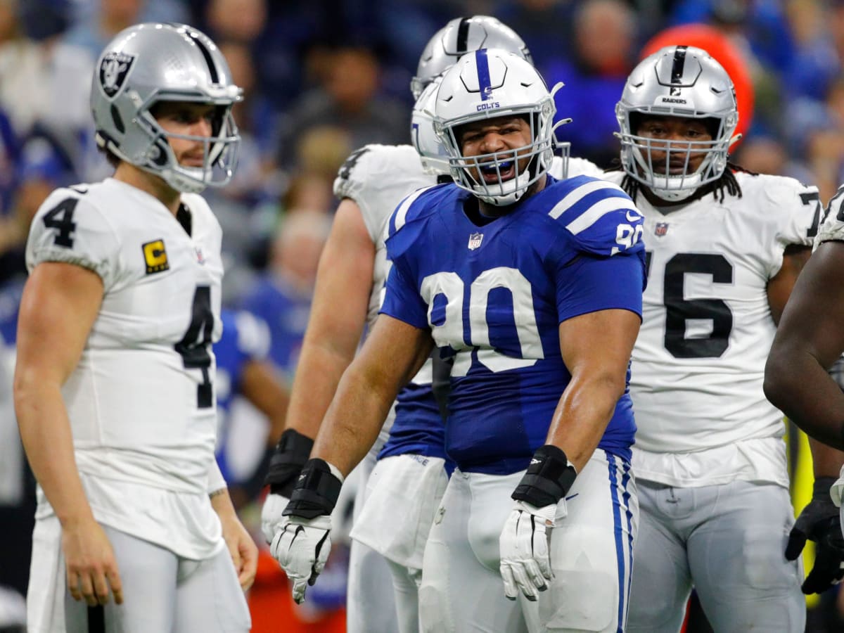 INDIANAPOLIS, IN - NOVEMBER 08: Indianapolis Colts defensive tackle Grover  Stewart (90) in action during a NFL game between the Indianapolis Colts and  the Baltimore Ravens on November 08, 2020 at Lucas