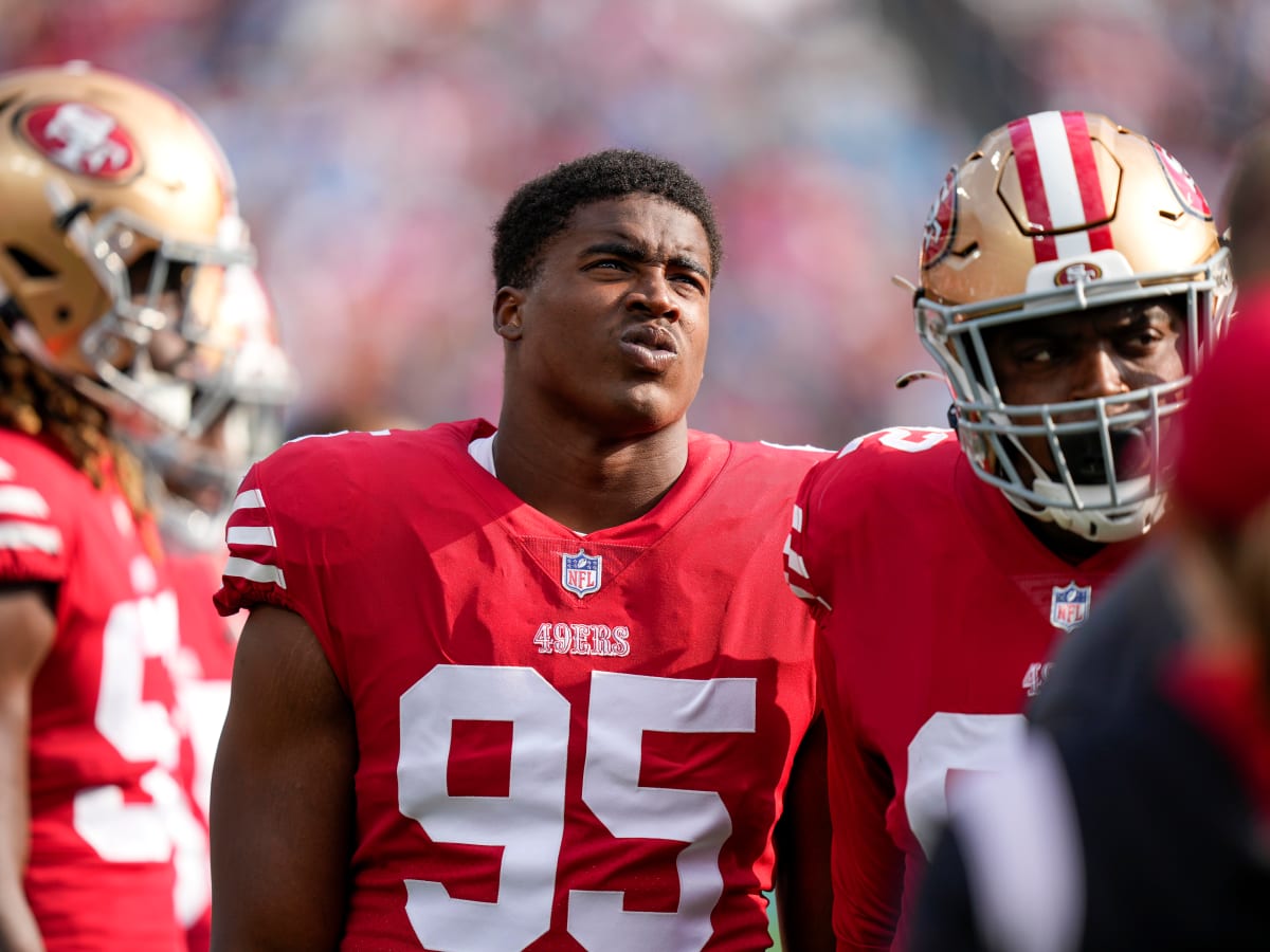 San Francisco 49ers linebacker Drake Jackson (95) reacts to the snap during  an NFL preseason football