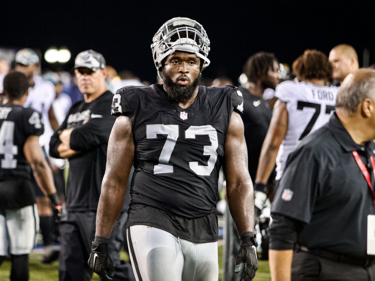 Las Vegas Raiders defensive tackle Matthew Butler (94) leaves the field  after warming up before an NFL football game against the Jacksonville  Jaguars, Sunday, Nov. 6, 2022, in Jacksonville, Fla. (AP Photo/Phelan