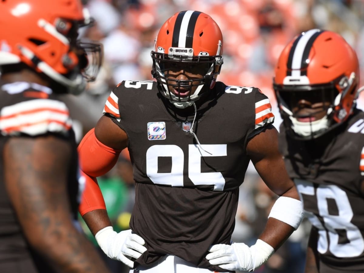 The Cleveland Browns Myles Garrett leaves an office building in New York,  Wednesday, Nov. 20, 2019. The Browns star defensive end is asking the NFL  to decrease his indefinite suspension. Garrett was