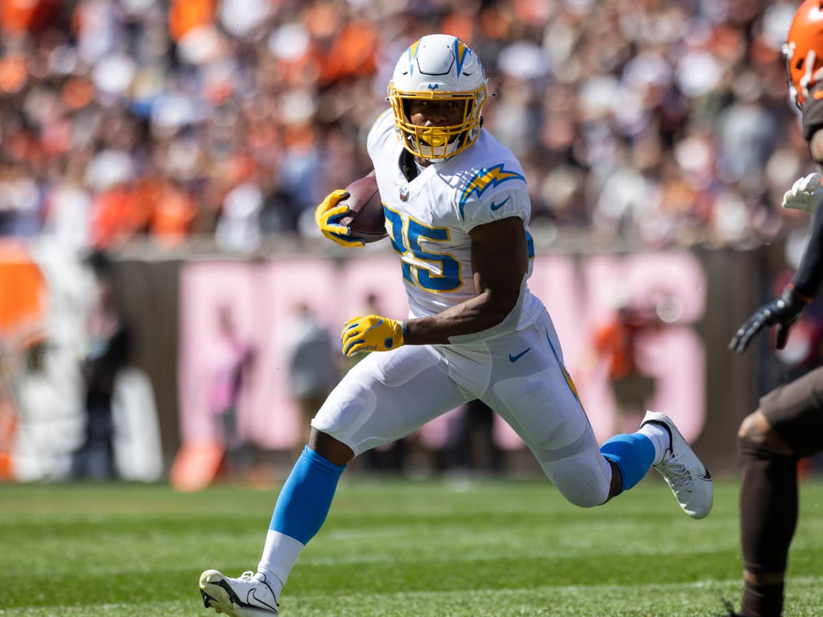 September 25, 2022 Los Angeles Chargers running back Joshua Kelley (25)  carries the ball during the NFL football game between the Los Angeles  Chargers and the Jacksonville Jaguars at SoFi Stadium in