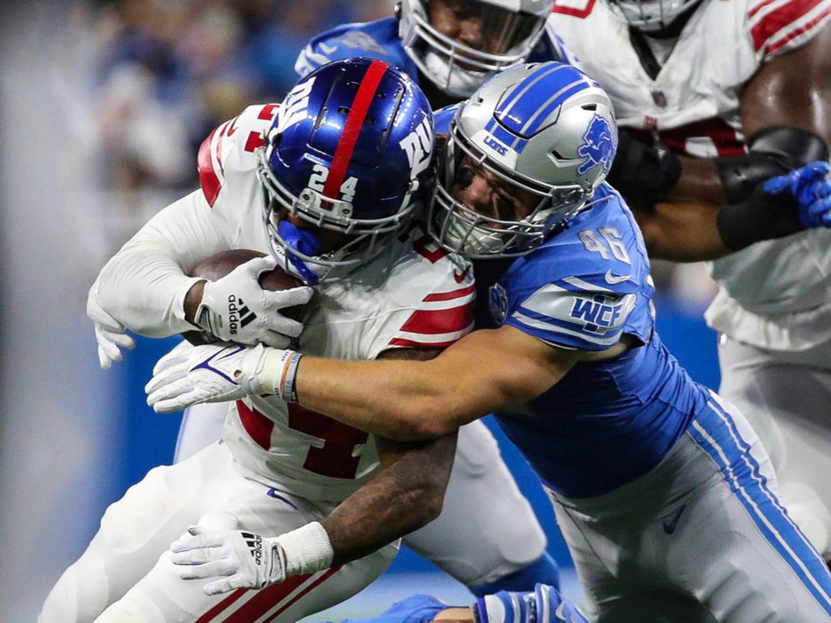 Detroit Lions linebacker Jack Campbell watches a play develop during the  second half of an NFL football game against the Kansas City Chiefs,  Thursday, Sept. 7, 2023 in Kansas City, Mo. (AP